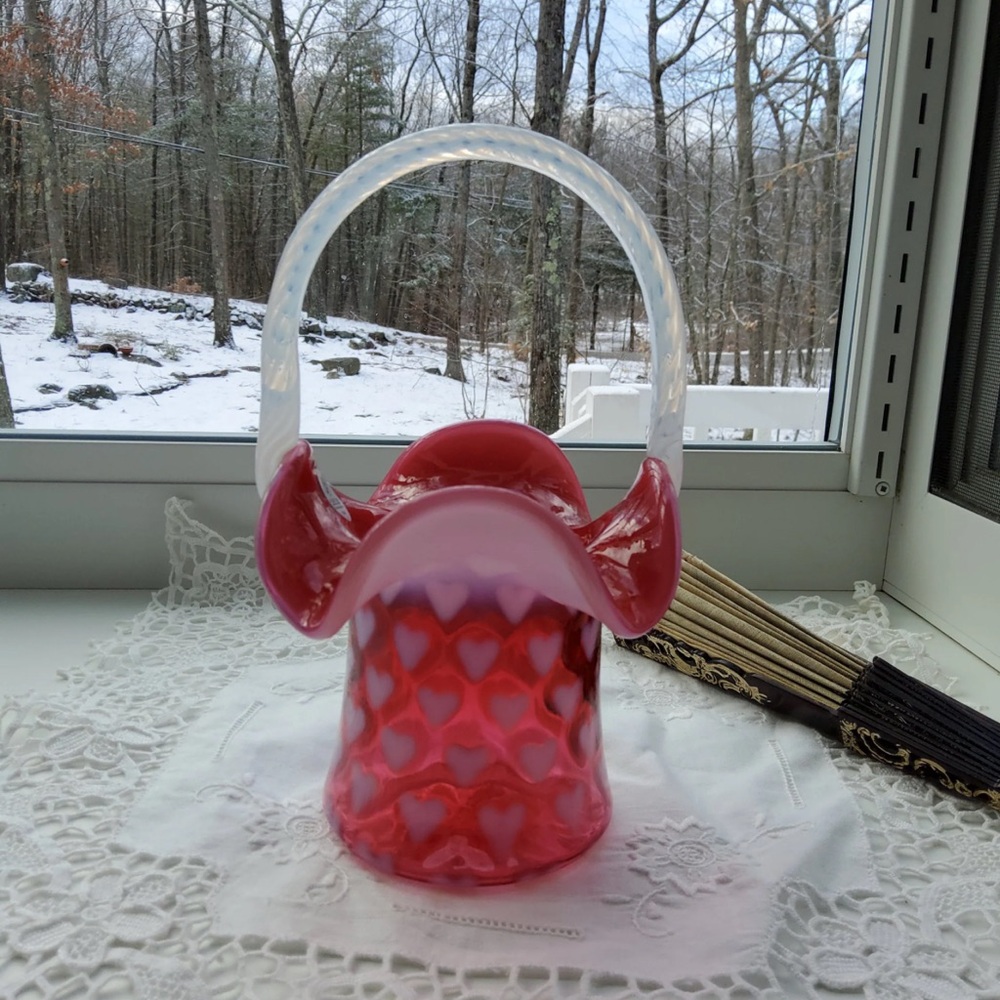 Fenton Cranberry opalescent heart basket